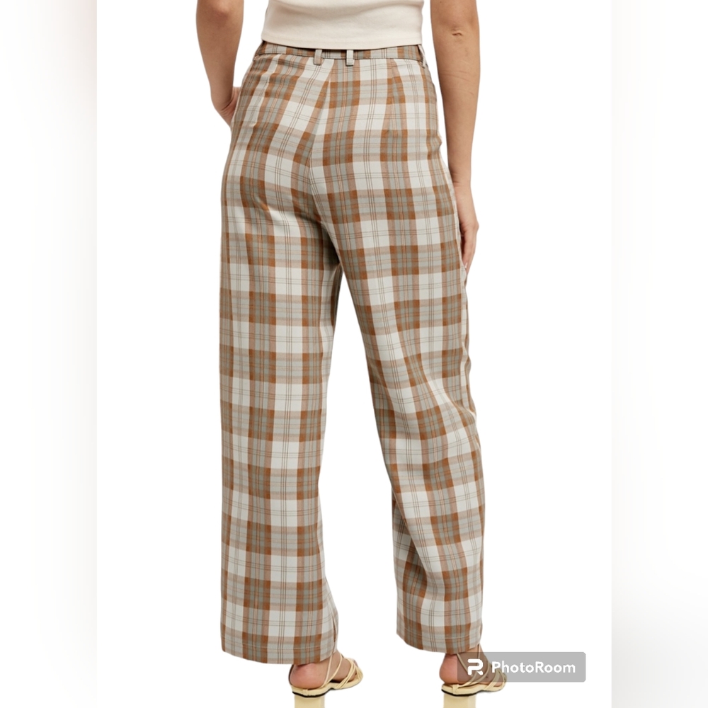 NWT Listicle Size Small Sky Blue Brown Plaid Pleated Wide Leg Trouser Pants - Picture 6 of 16